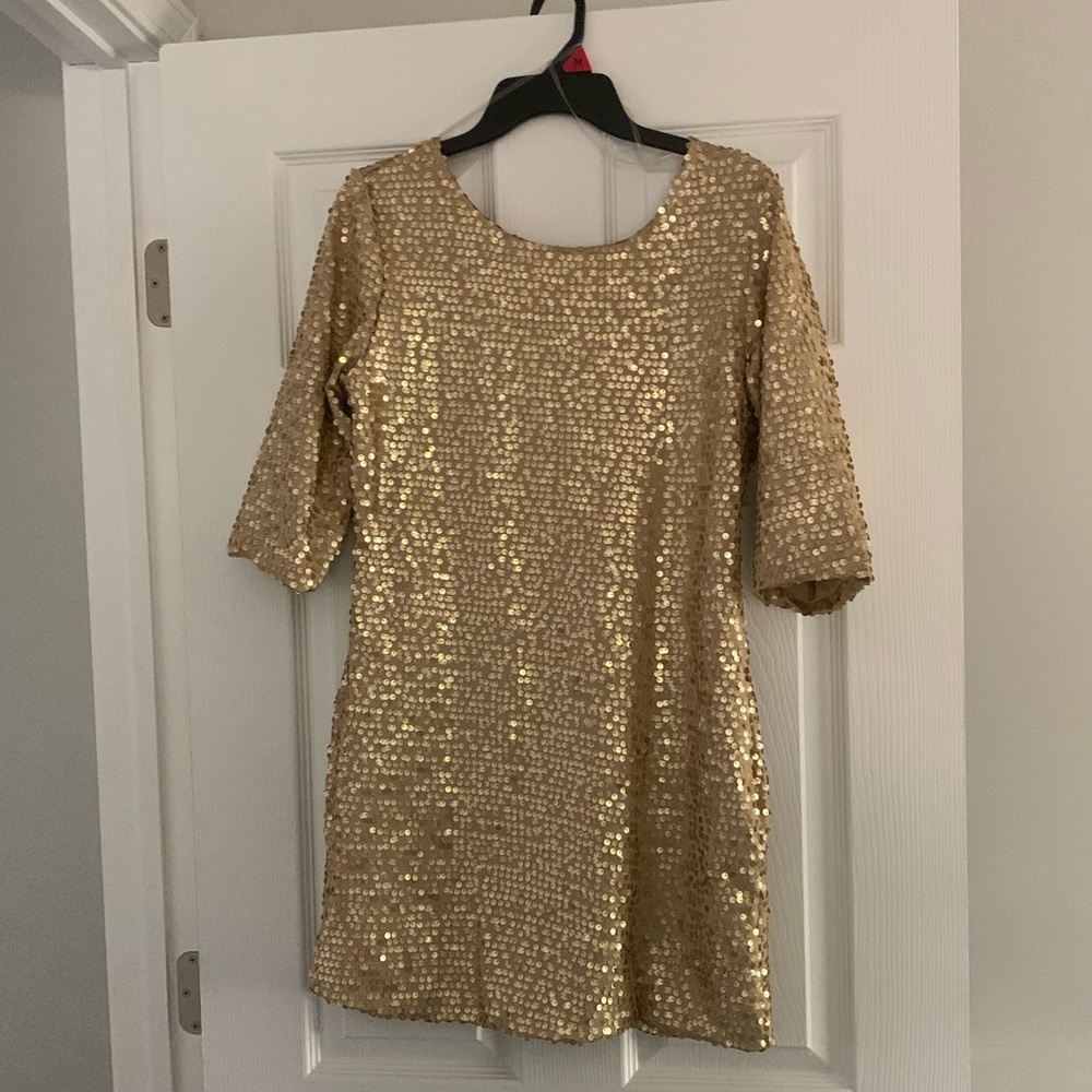 Gold sequin party dress 3/4 length sleeves size XL